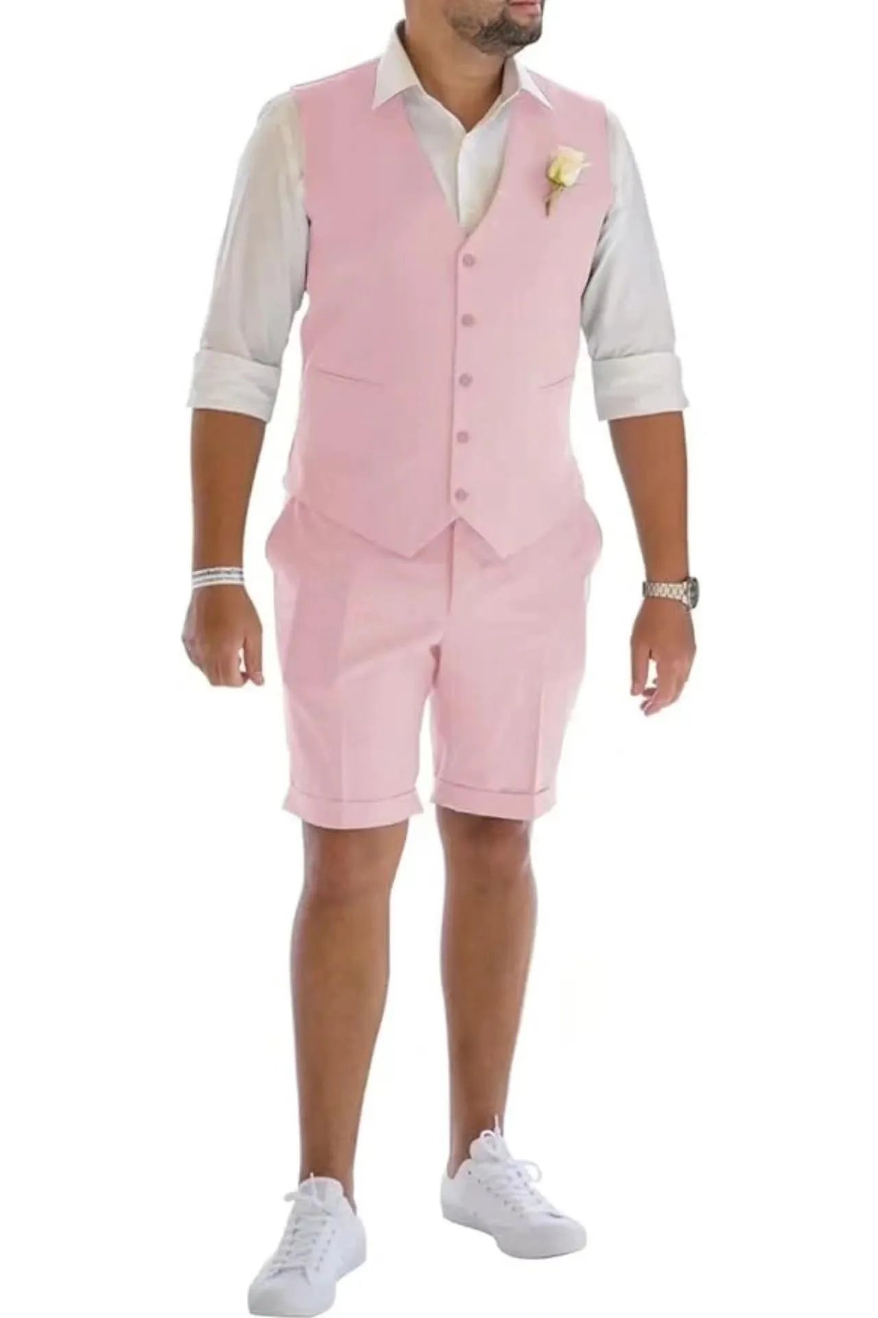 Pink men's linen vest & shorts suit – stylish wedding and beach summer style