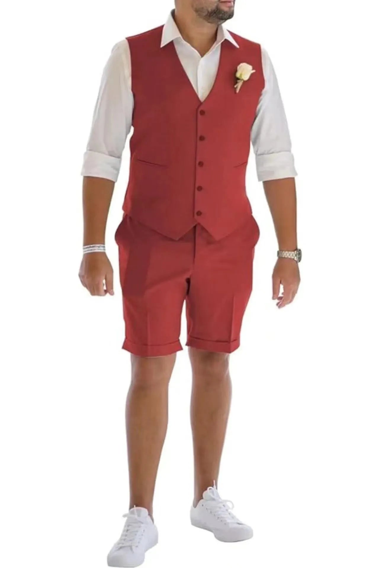 Red men's linen vest & shorts suit – stylish party and casual summer style