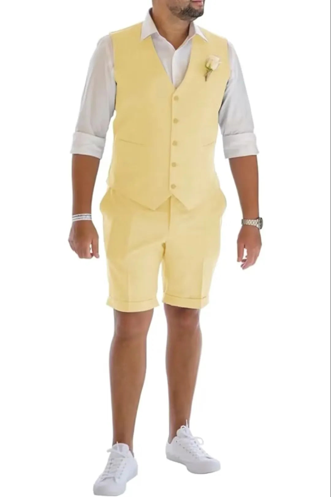 Yellow men's linen vest & shorts suit – beach wedding and party summer style