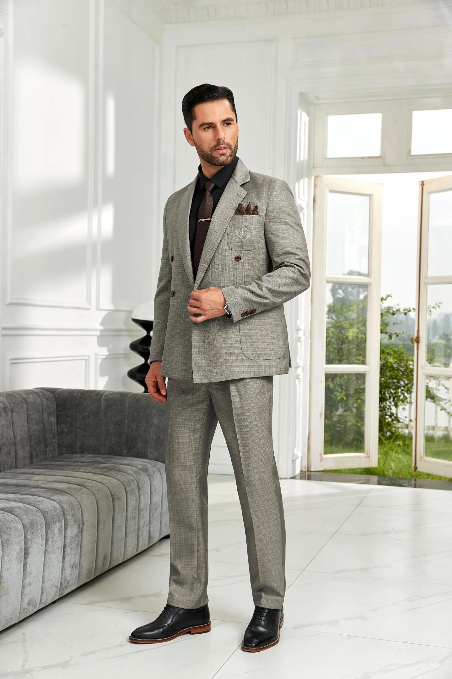 Elegant grey double breasted men's suit – close angle front view showing office-ready business look