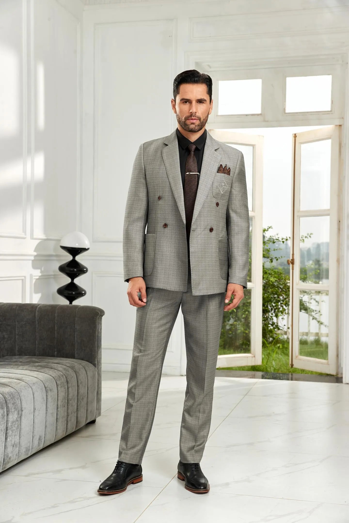 men's grey double breasted business suit – straight front view with matching blazer and pants for office wear