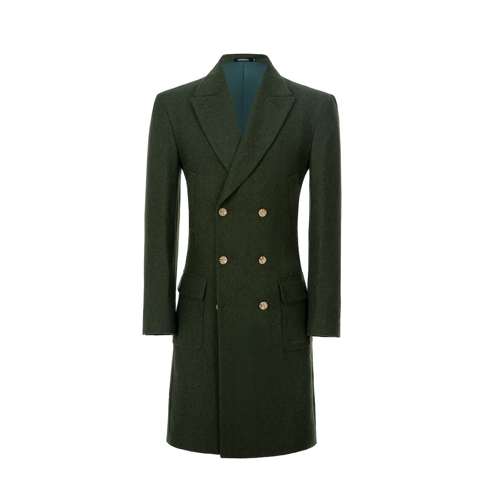 Studio front view of green wool double breasted men’s long overcoat