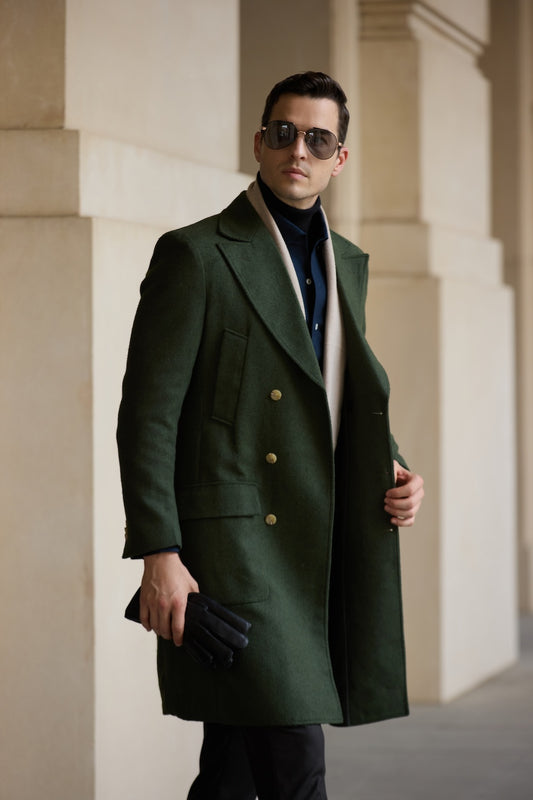 Man in green wool double breasted overcoat with scarf – winter street fashion look