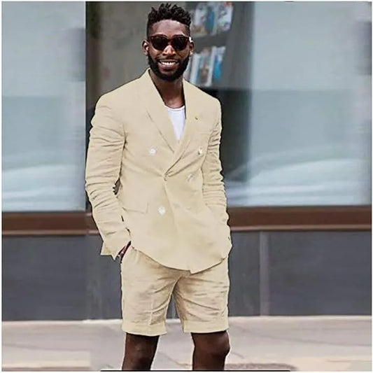 Beige cotton linen blazer and shorts set for men – lightweight summer street style