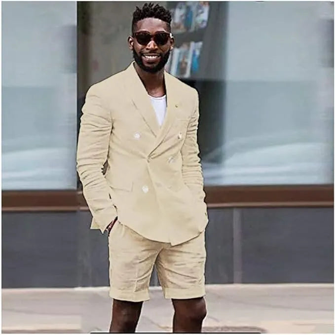 Beige cotton linen blazer and shorts set for men – lightweight summer street style