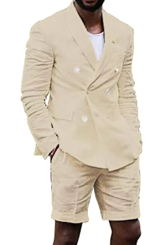 Men's beige double breasted linen shorts suit with white tee – casual summer outfit