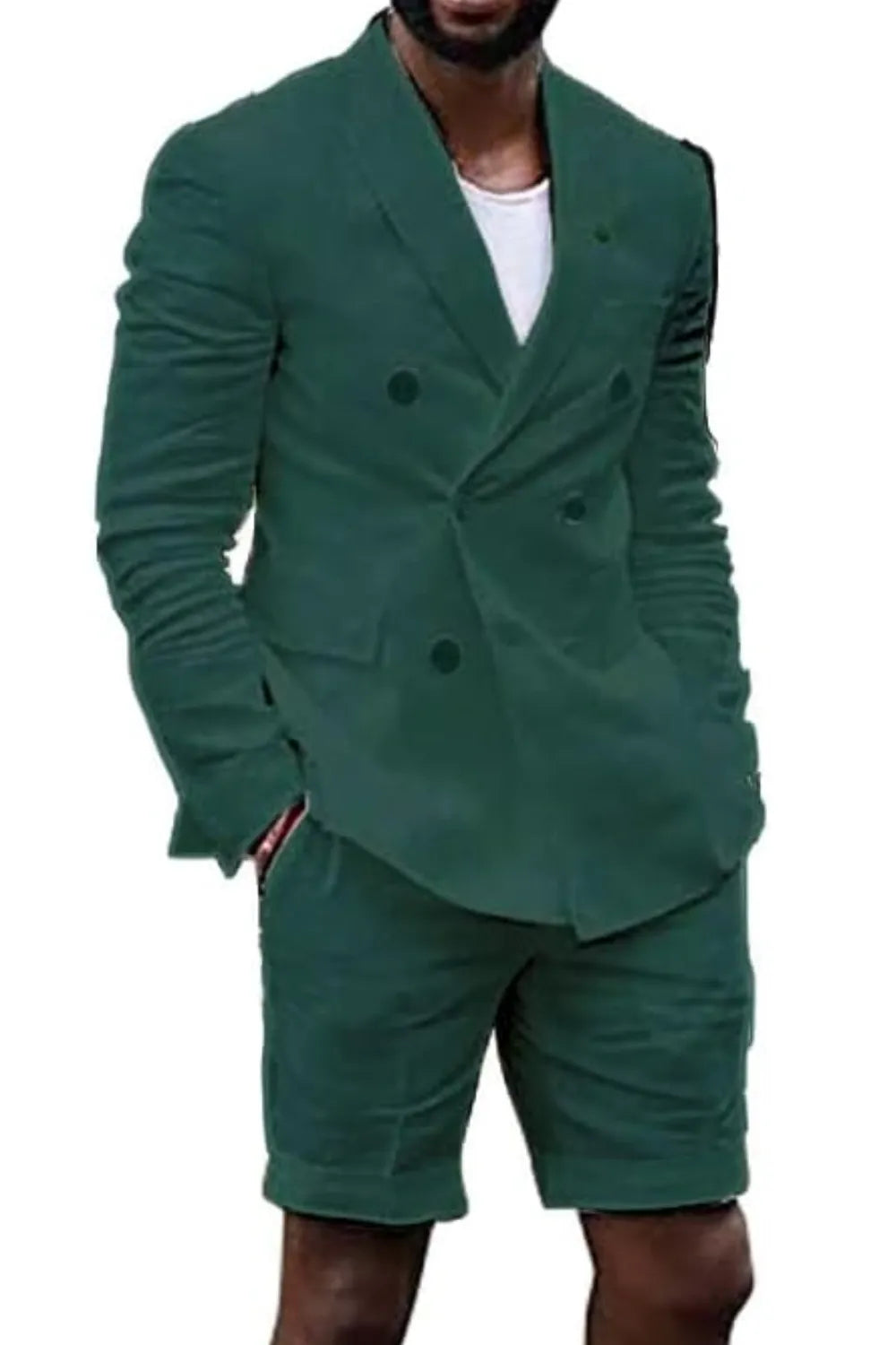 Dark green linen double breasted blazer and shorts suit for men – elegant summer style