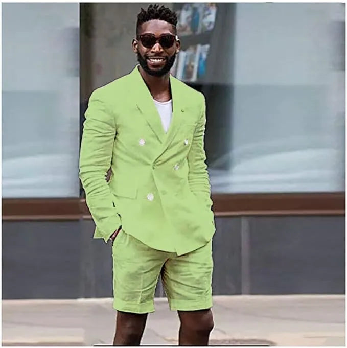 Men's green linen double breasted shorts suit – vibrant summer fashion look