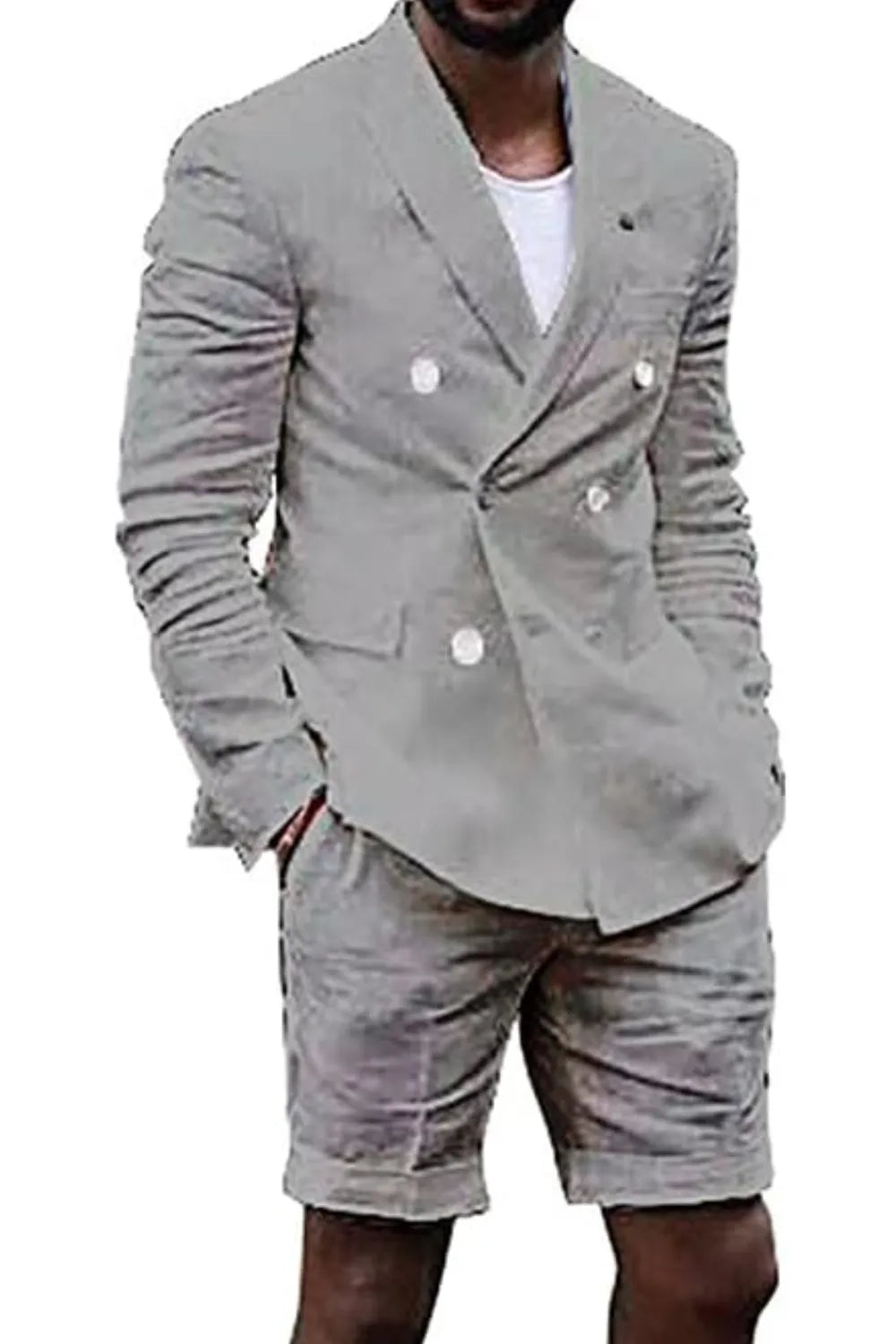 Grey linen double breasted blazer and shorts suit for men – modern summer style