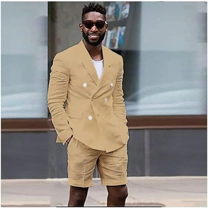 Men's khaki cotton linen shorts suit with blazer – casual warm weather outfit