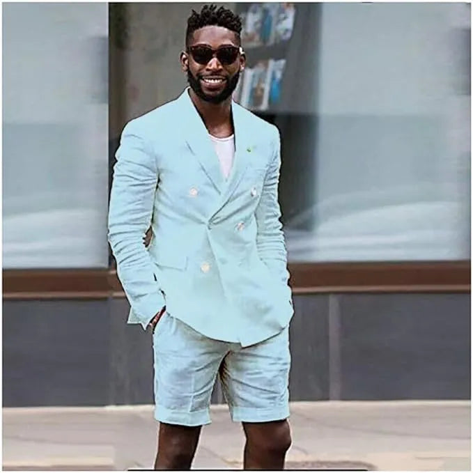 Men's light blue cotton linen shorts suit with blazer – summer casual combo