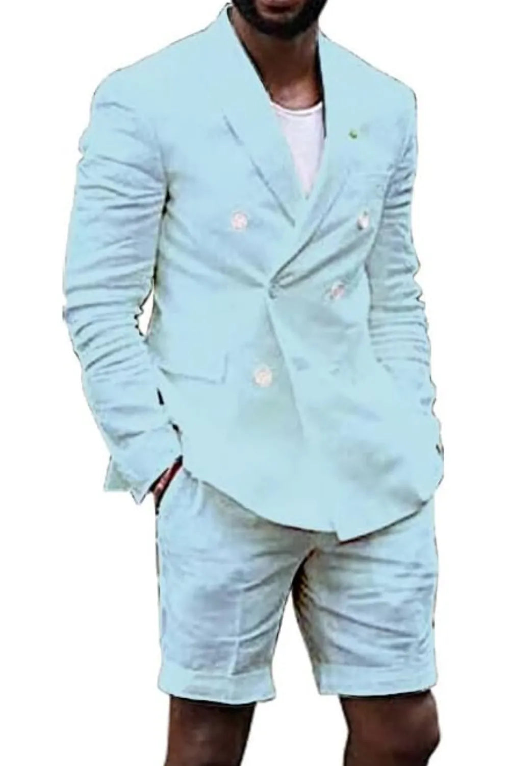 Light blue linen double breasted shorts suit for men – stylish beach outfit