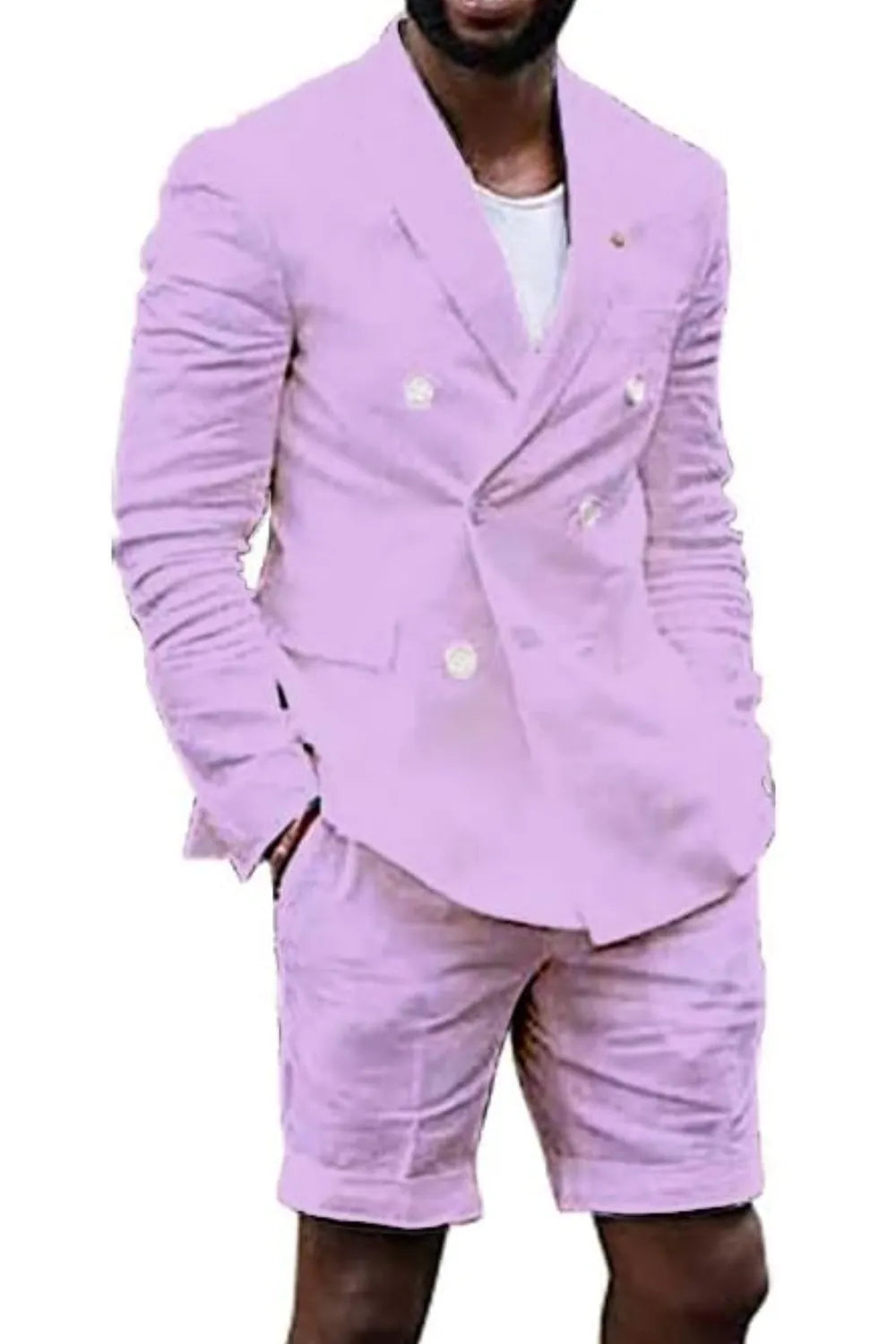 Purple linen double breasted shorts suit for men – bold summer blazer set