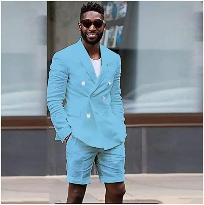 Men's sky blue linen shorts suit with blazer – lightweight summer outfit
