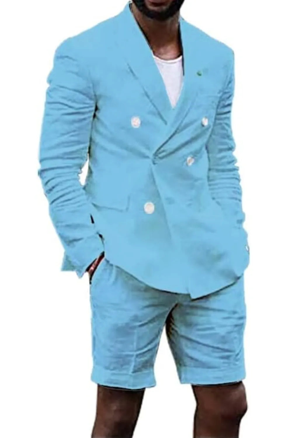 Sky blue linen double breasted blazer and shorts suit for men – casual summer set