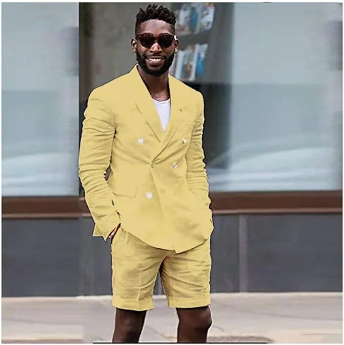 Men's yellow cotton linen shorts suit with blazer – bright tailored summer vibe