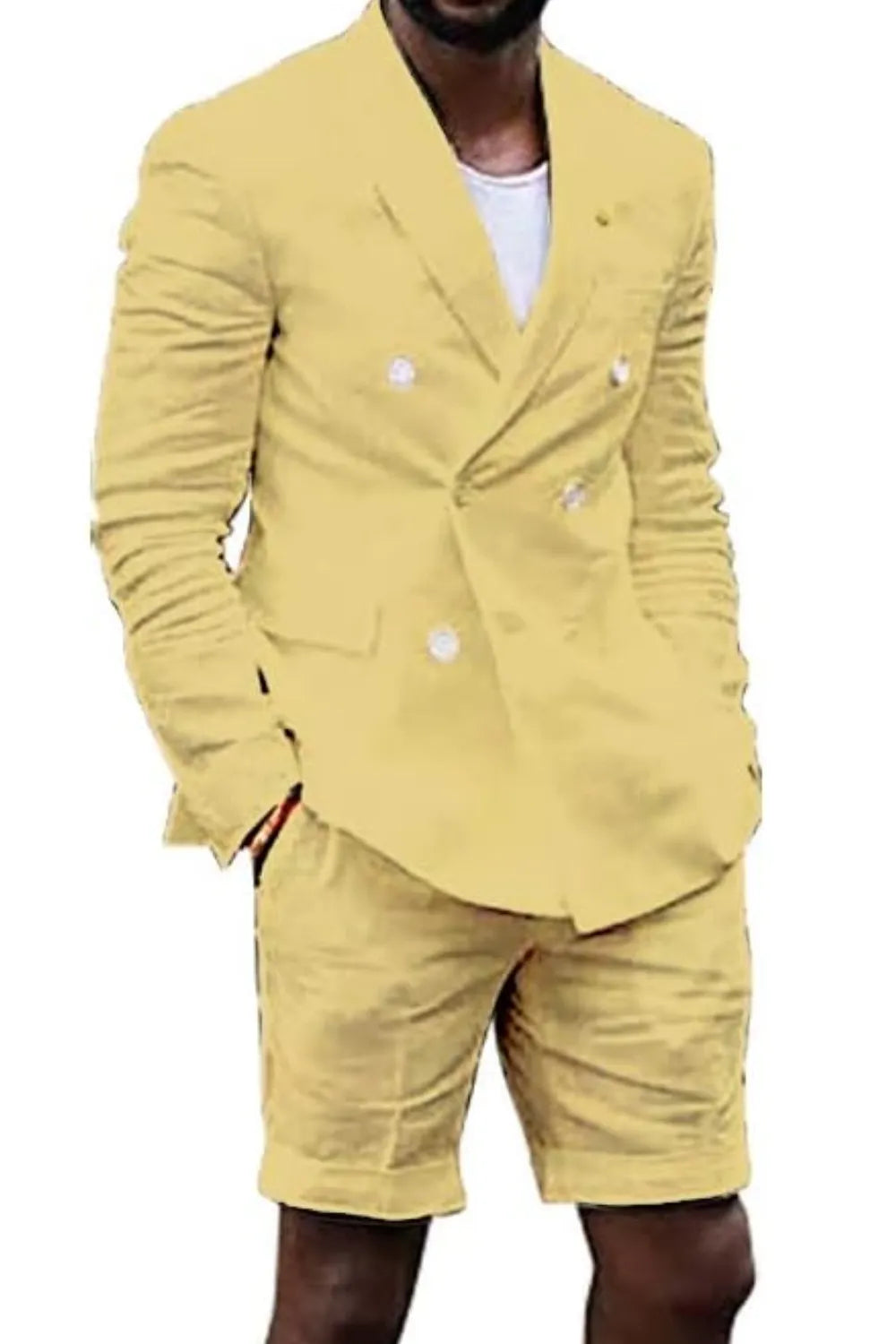 Yellow linen double breasted blazer and shorts suit for men – cheerful summer wear