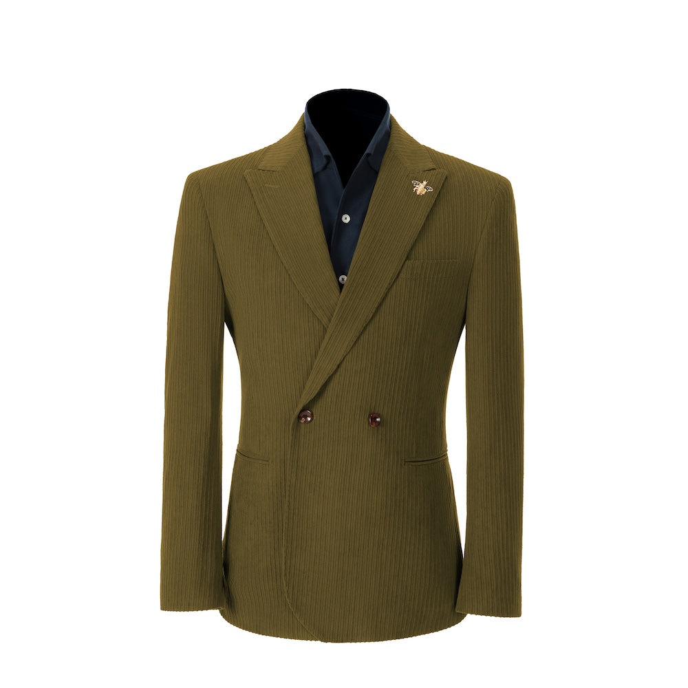 Men's avocado green corduroy blazer – peak lapel prom style 2 piece front view