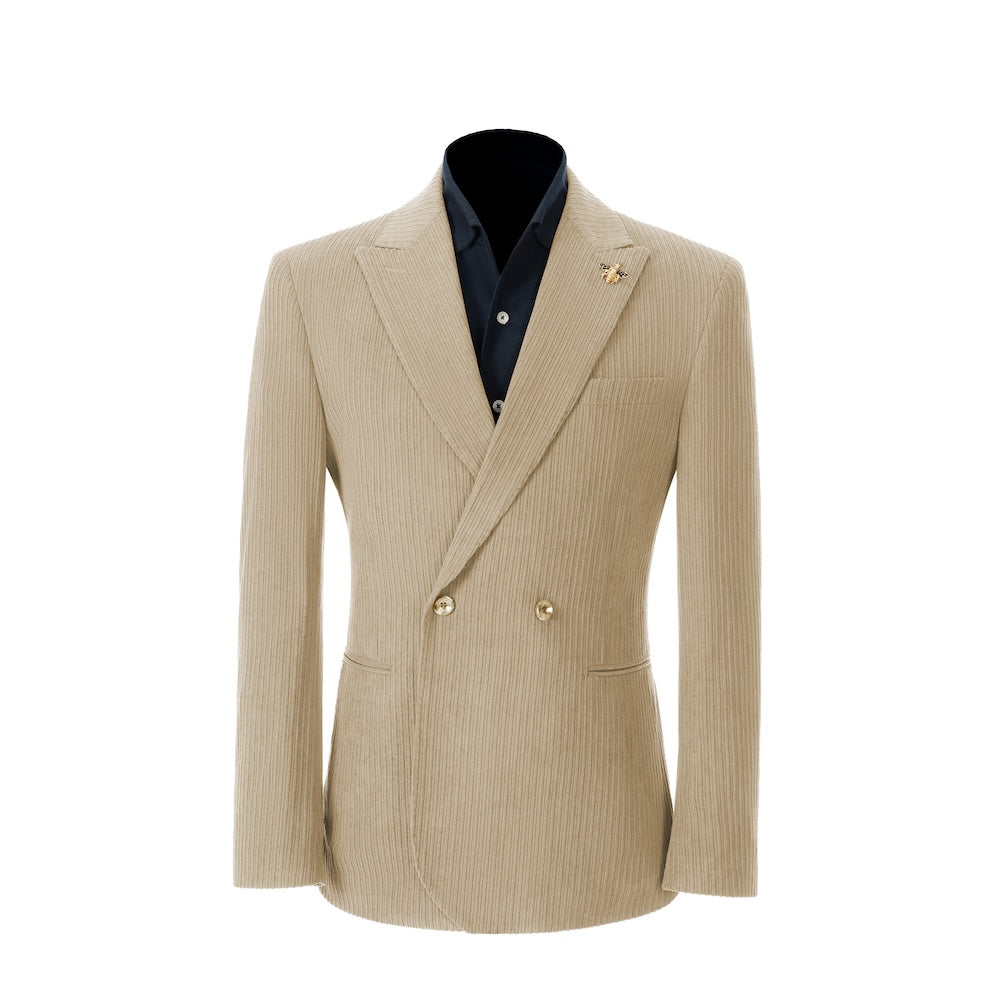 Men's beige corduroy blazer – peak lapel prom style 2 piece front view