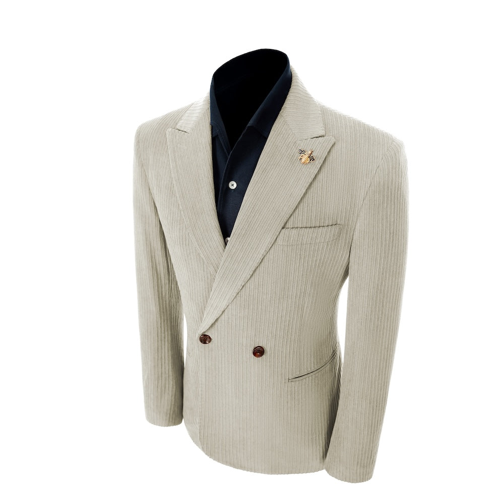 Left side of beige grey corduroy prom blazer – elegant peak lapel cut