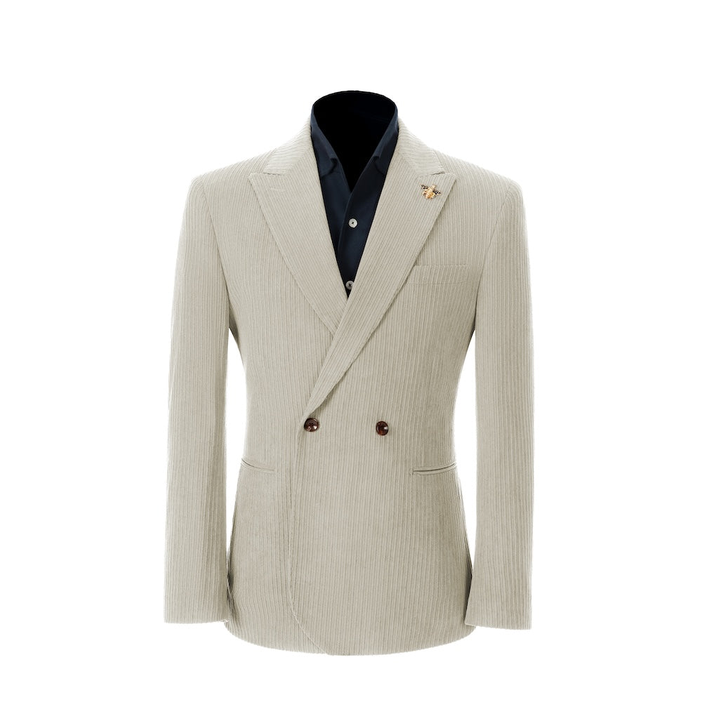 Men's beige grey corduroy blazer – peak lapel prom style 2 piece front view