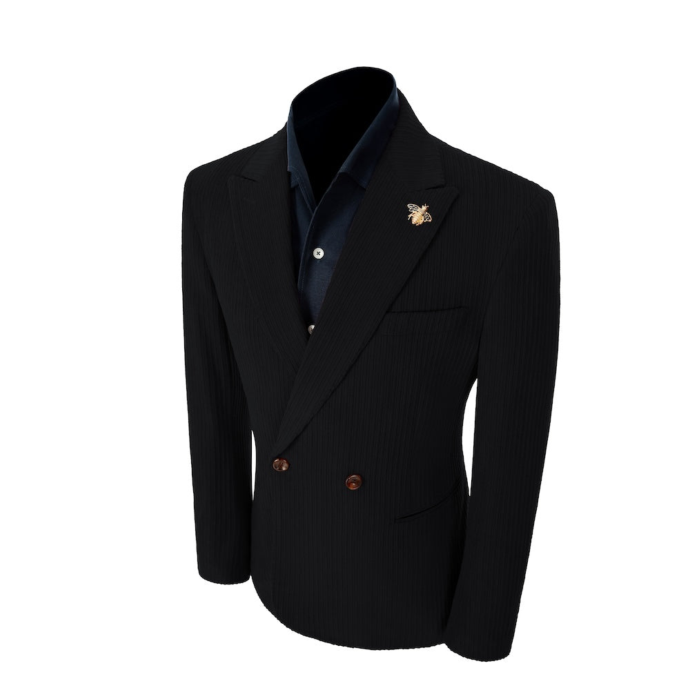 Left side of black corduroy prom blazer – elegant peak lapel cut