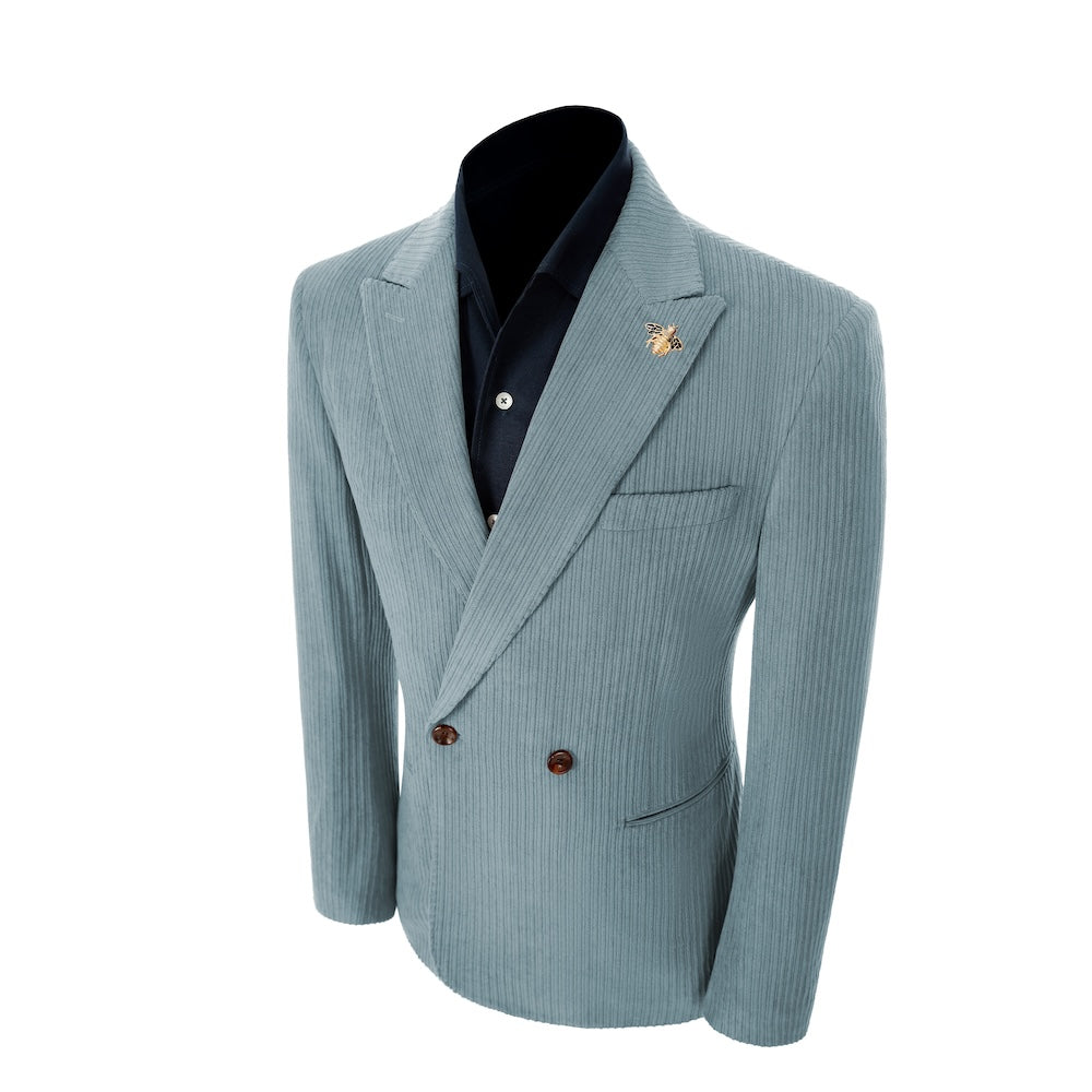 Left side of blue corduroy prom blazer – elegant peak lapel cut