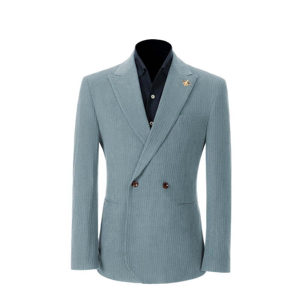 Men's blue corduroy blazer – peak lapel prom style 2 piece front view