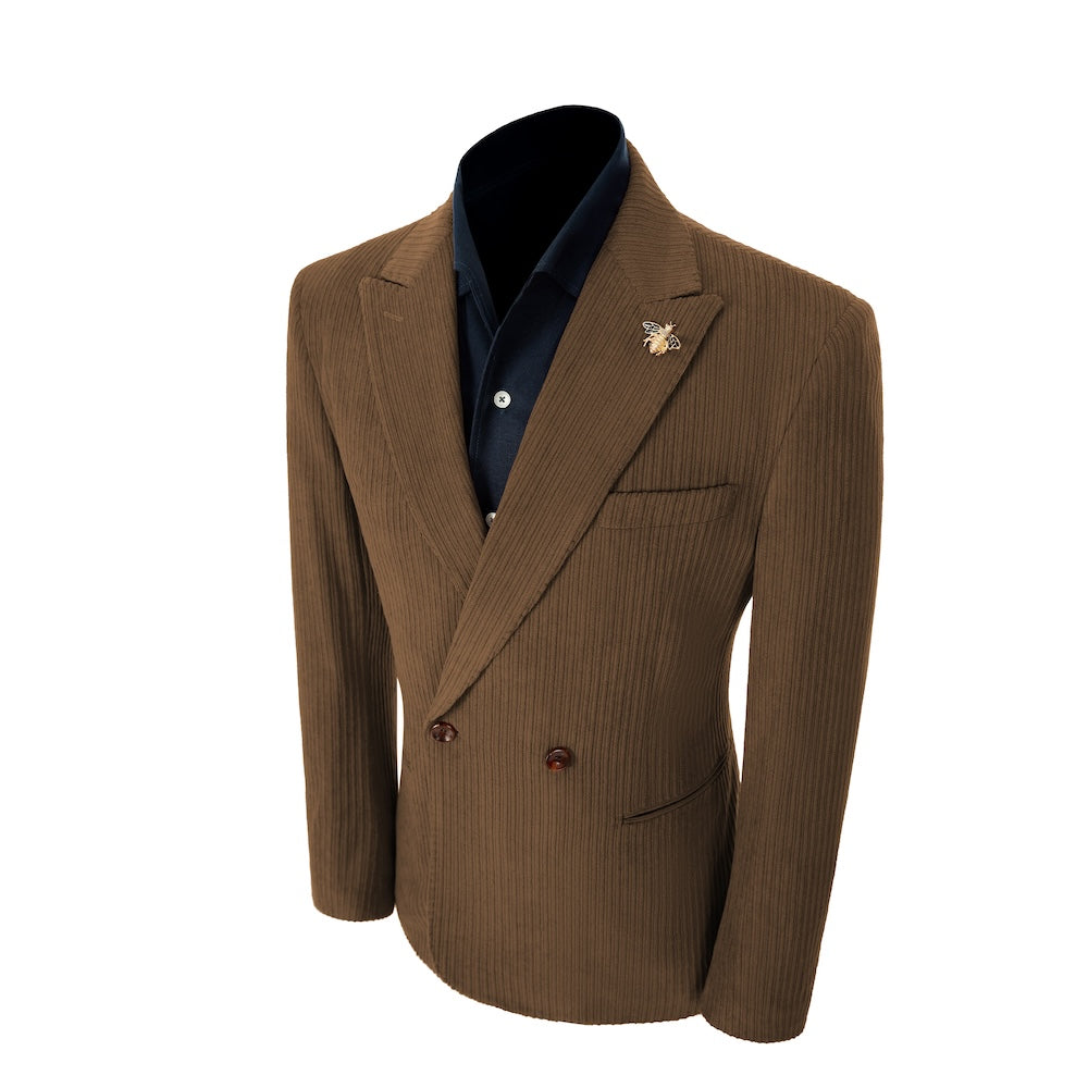 Left side of brown corduroy prom blazer – elegant peak lapel cut