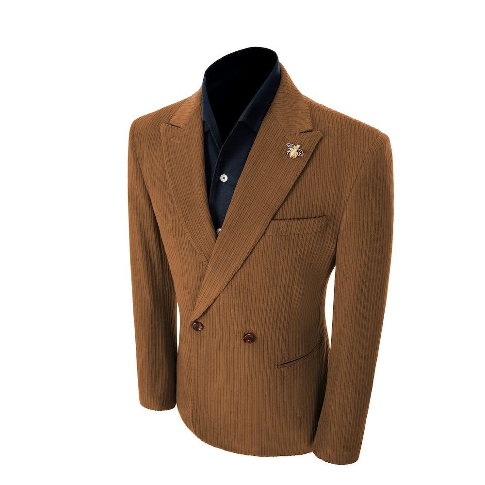 Left side of caramel corduroy prom blazer – elegant peak lapel cut