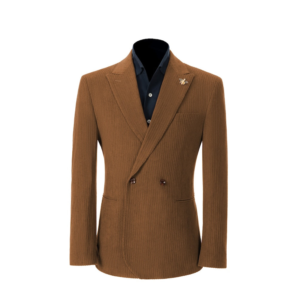 Men's caramel corduroy blazer – peak lapel prom style 2 piece front view