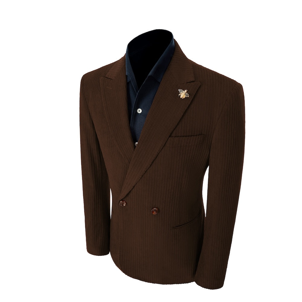 Left side of coffee corduroy prom blazer – elegant peak lapel cut