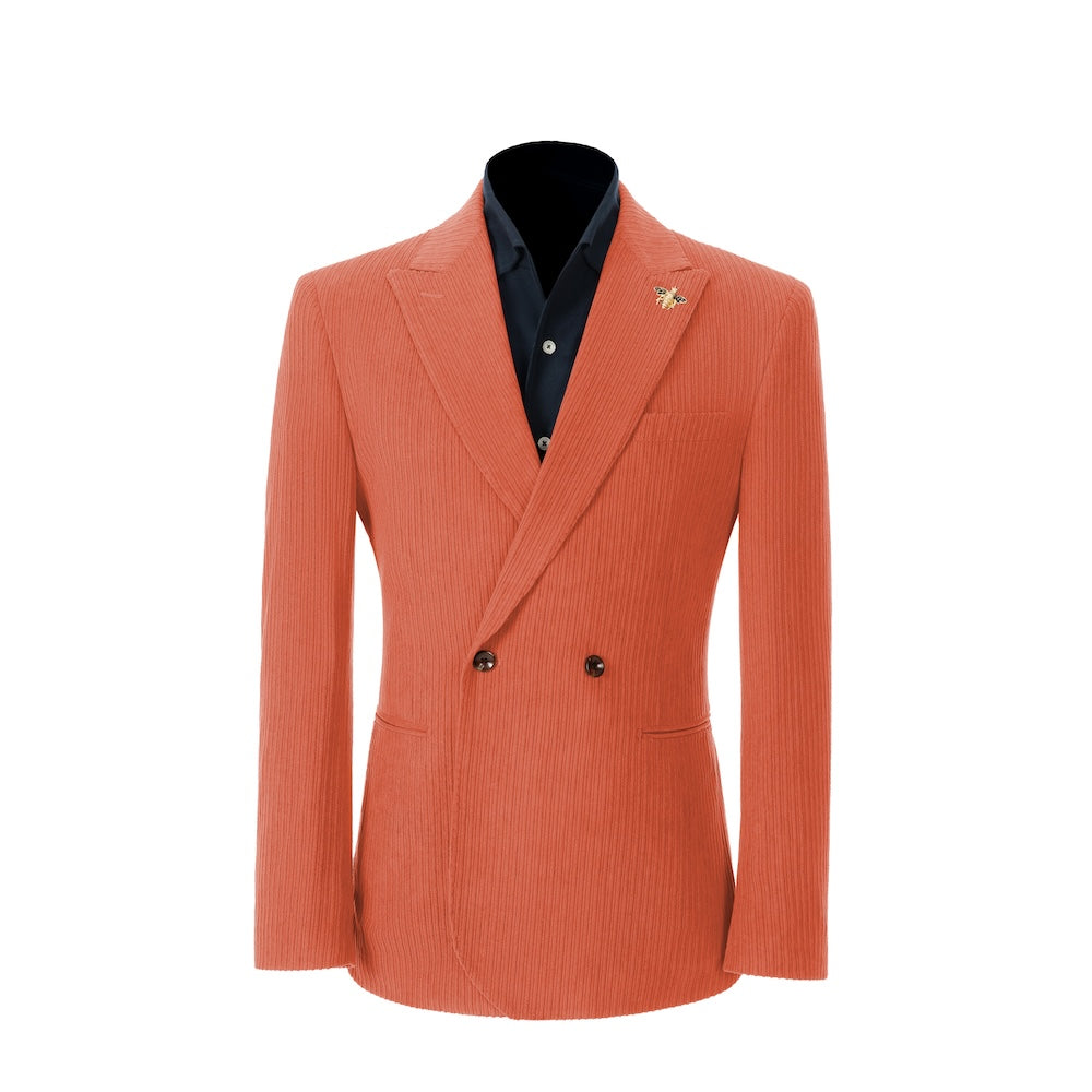 Men's coral corduroy blazer – peak lapel prom style 2 piece front view
