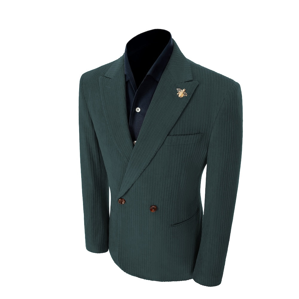 Left side of dark blue corduroy prom blazer – elegant peak lapel cut