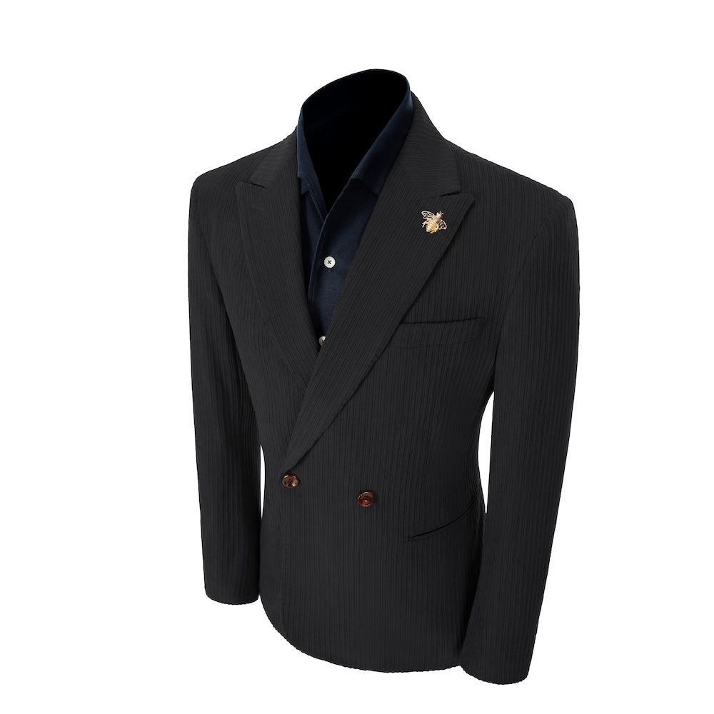 Left side of dark grey corduroy prom blazer – elegant peak lapel cut