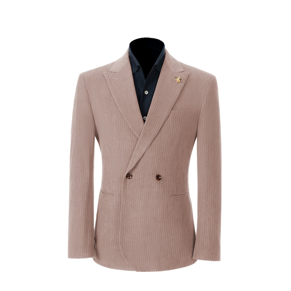 Men's dusty pink corduroy blazer – peak lapel prom style 2 piece front view