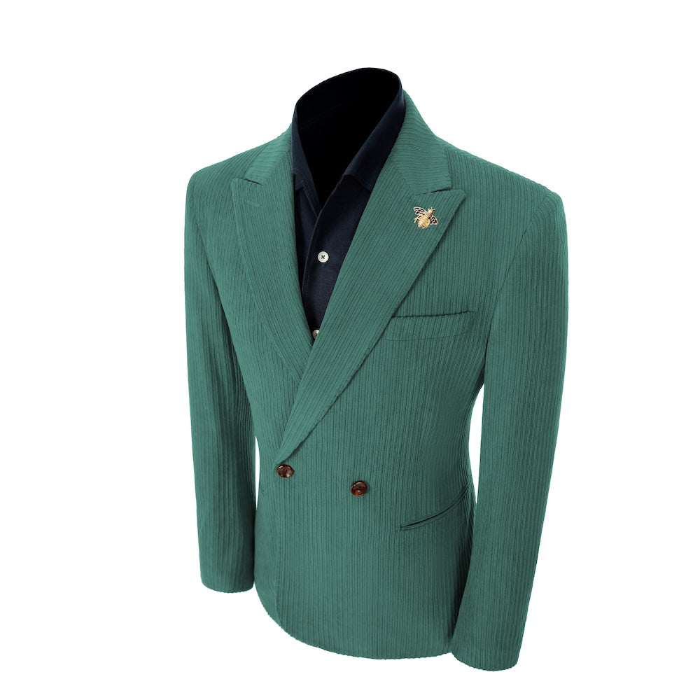 Left side of fruit green corduroy prom blazer – elegant peak lapel cut