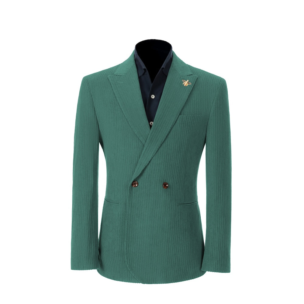 Men's fruit green corduroy blazer – peak lapel prom style 2 piece front view