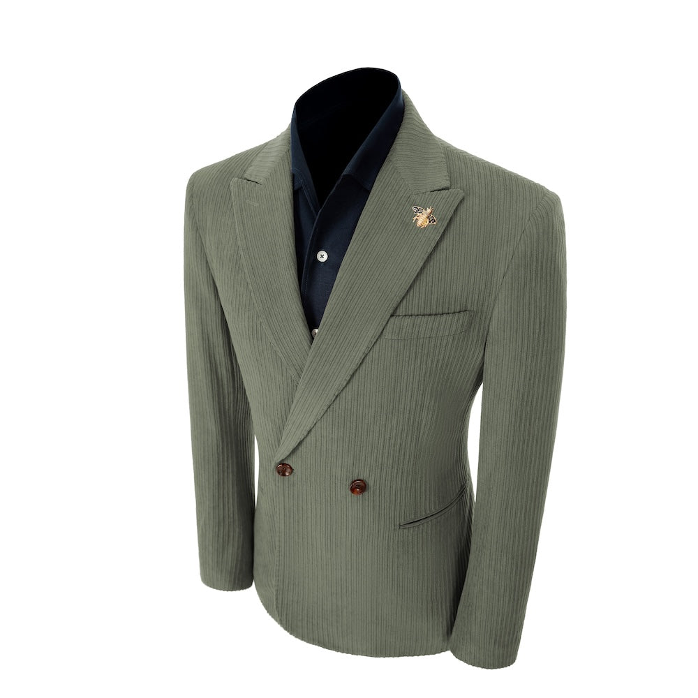 Left side of green corduroy prom blazer – elegant peak lapel cut