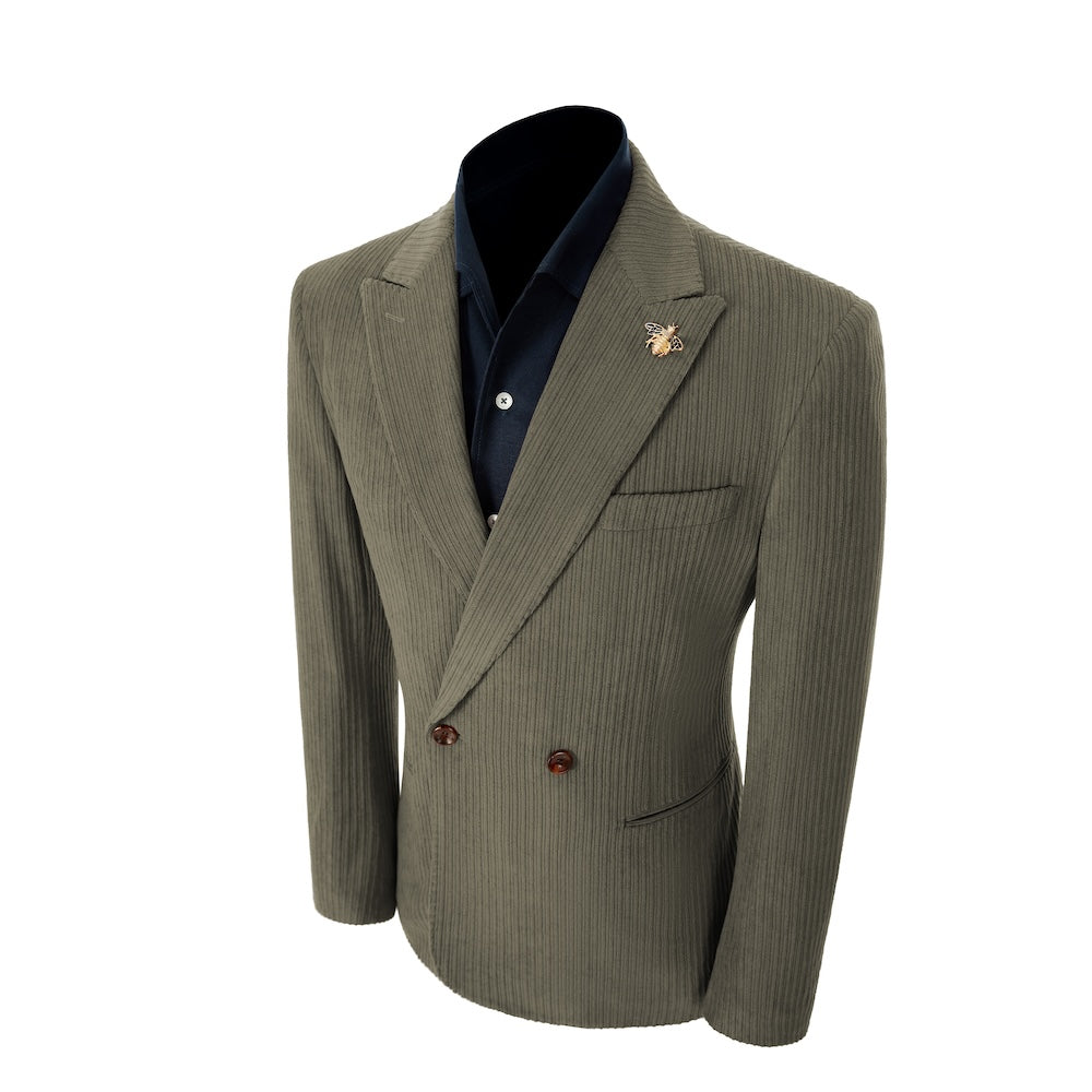 Left side of grey corduroy prom blazer – elegant peak lapel cut