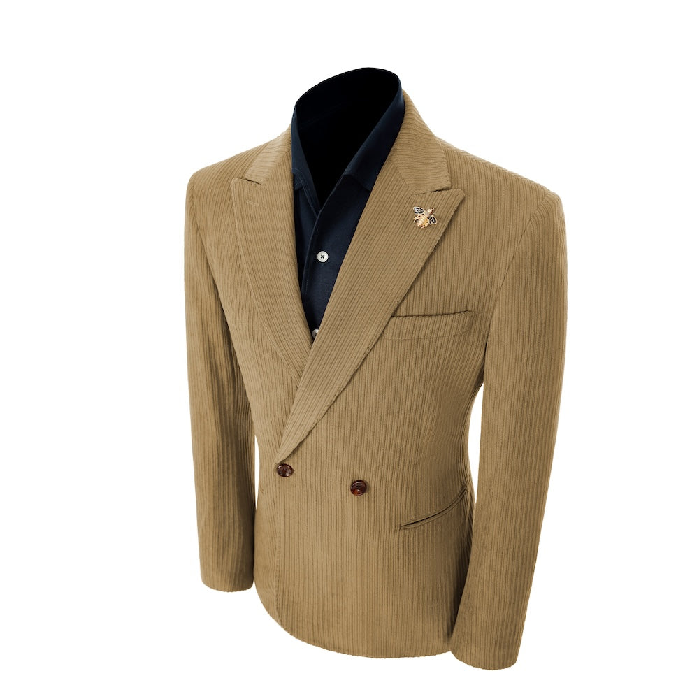 Left side of khaki corduroy prom blazer – elegant peak lapel cut
