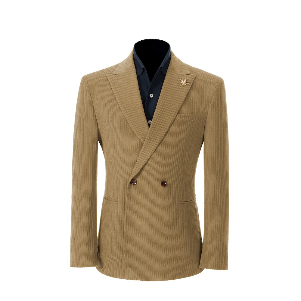 Men's khaki corduroy blazer – peak lapel prom style 2 piece front view