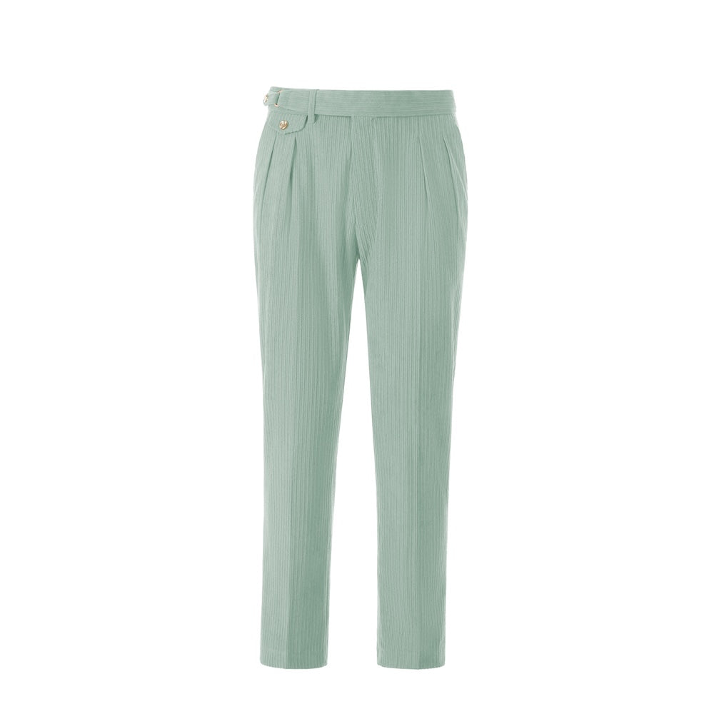 Front view of men's light blue corduroy pants – slim fit prom trouser style