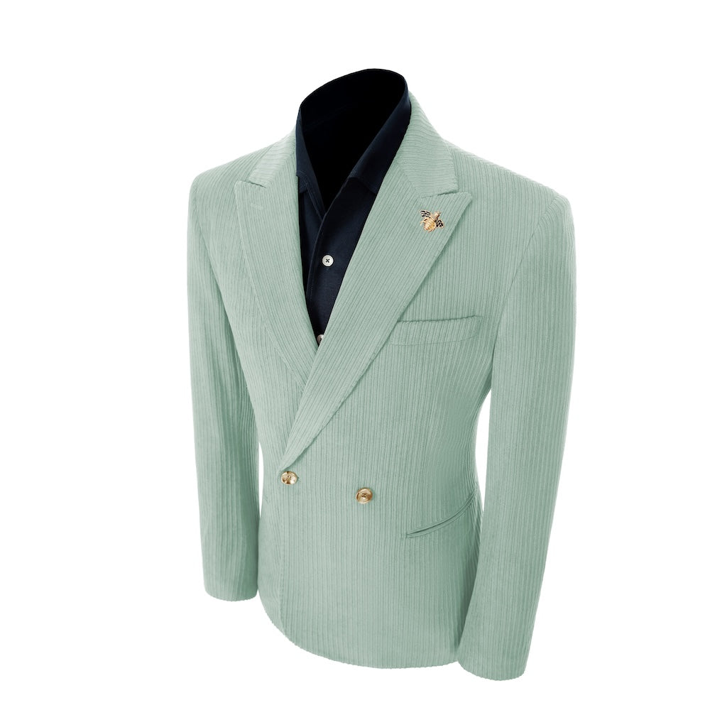 Left side of light blue corduroy prom blazer – elegant peak lapel cut