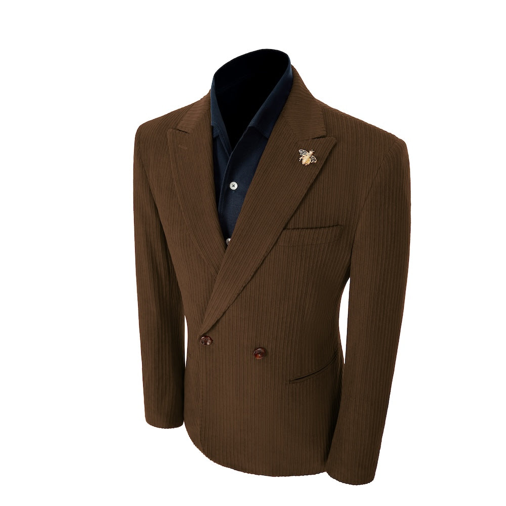 Left side of light coffee corduroy prom blazer – elegant peak lapel cut