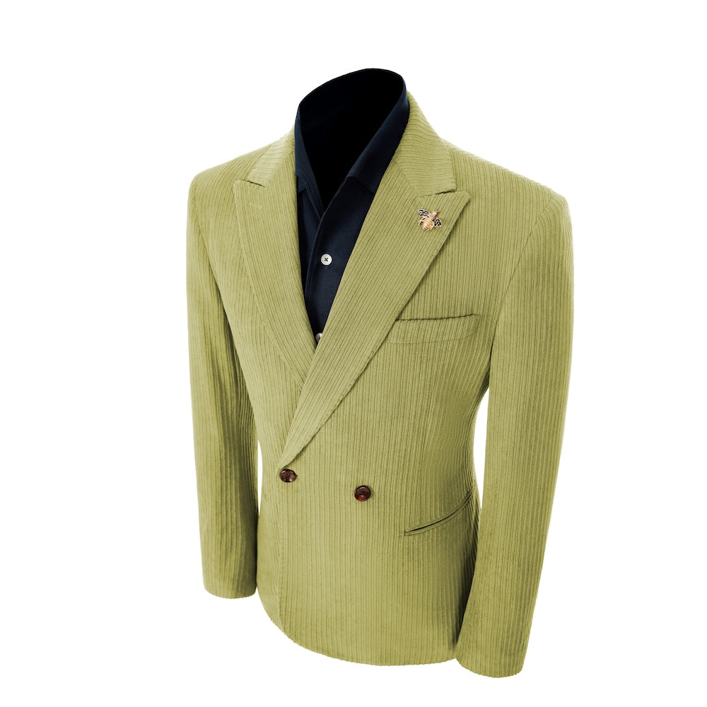 Left side of light green corduroy prom blazer – elegant peak lapel cut