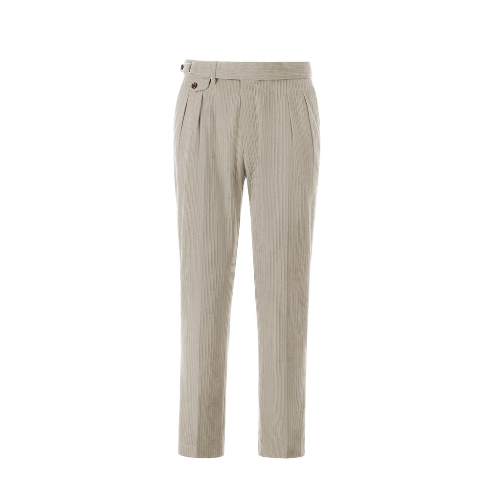Front view of men's light grey corduroy pants – slim fit prom trouser style