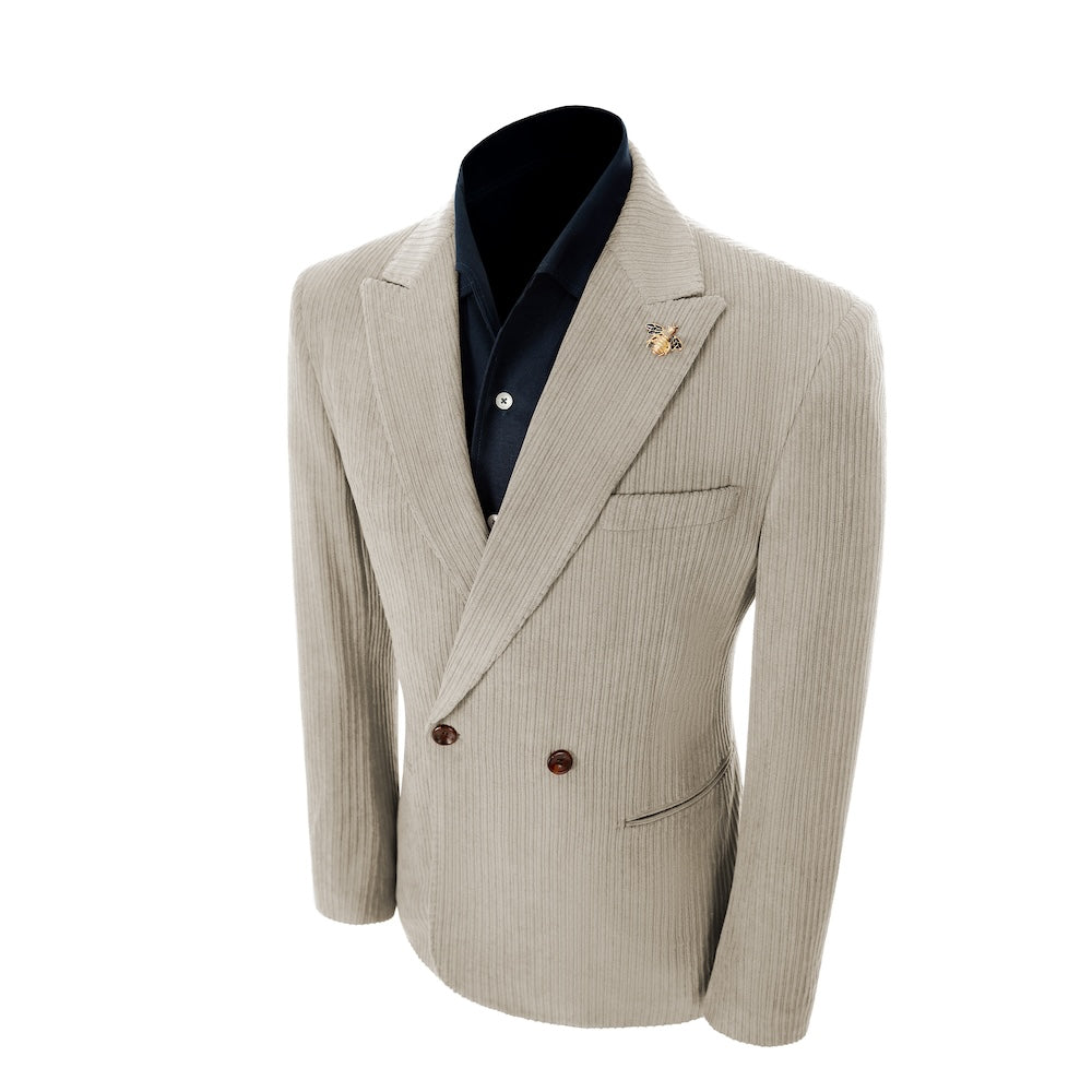 Left side of light grey corduroy prom blazer – elegant peak lapel cut