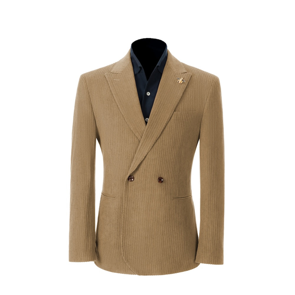 Men's light khaki corduroy blazer – peak lapel prom style 2 piece front view