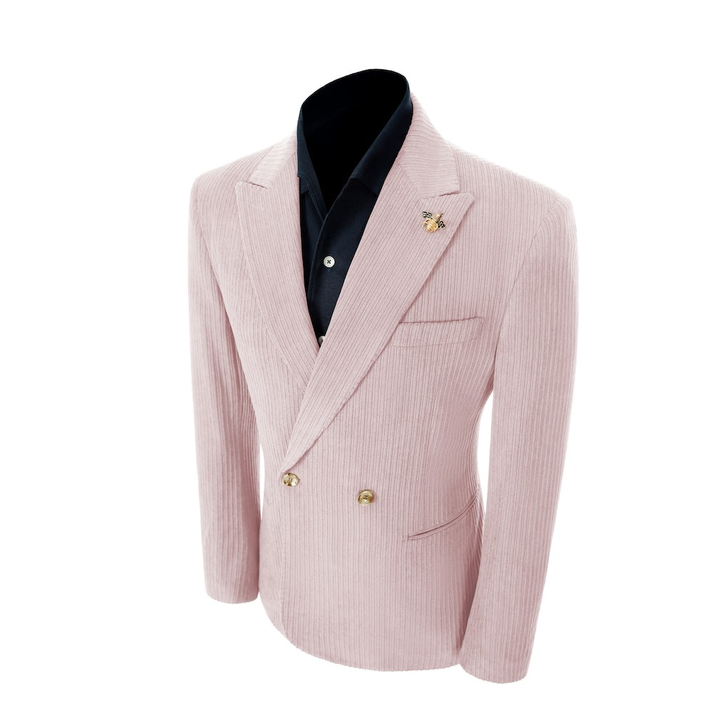 Left side of light pink corduroy prom blazer – elegant peak lapel cut